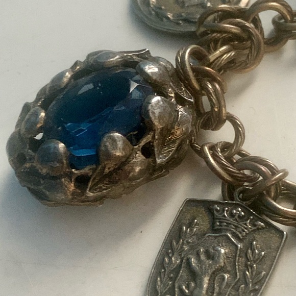 VTG Antique Silver Coin Multi Color Stones Charm Bracelet Unique - Picture 3 of 10